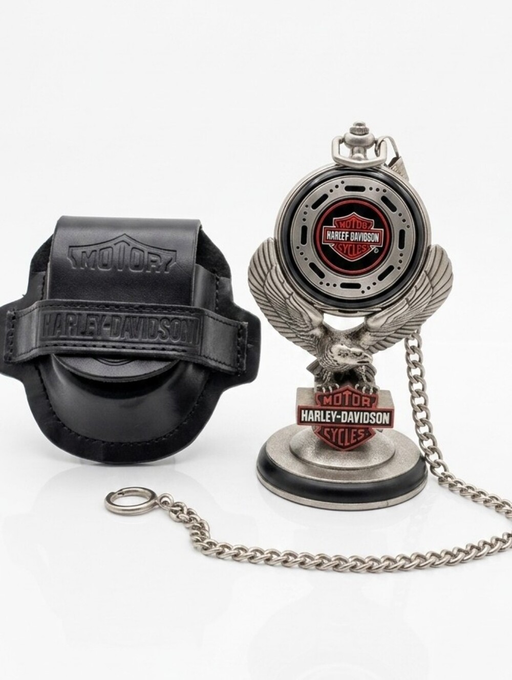 Vintage Franklin Mint Harley Davidson Pocket Watch W/ Eagle Stand & Leather Case